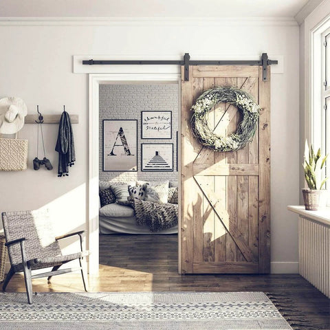 Installed 6.8FT Barn Door Hardware Kit with J Shape hanger; wooden barn door, 40 inch panel, black powder-coated alloy track