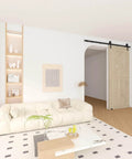 Interior room with wooden door on 6.6FT Barn Door Hardware Kit with Heavy Duty Modular Sliding Track, J Shaped Carbon Steel System for Interior and Exterior Doors