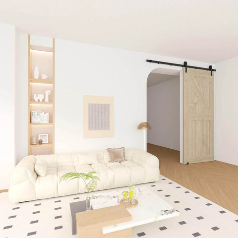 Interior room with wooden door on 6.6FT Barn Door Hardware Kit with Heavy Duty Modular Sliding Track, J Shaped Carbon Steel System for Interior and Exterior Doors