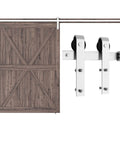 Wood door with 10 Feet Brushed Nickel Barn Door Hardware Kit-Heavy Duty Sliding Track-Smoothly and Quietly-Easy to Install