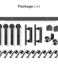 14 FT Double Sliding Barn Door Hardware Kit components with tracks, pulleys, handles, black powder coated aluminum, supports up to 360 lbs