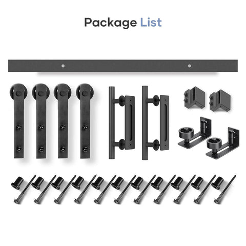 14 FT Double Sliding Barn Door Hardware Kit components with tracks, pulleys, handles, black powder coated aluminum, supports up to 360 lbs
