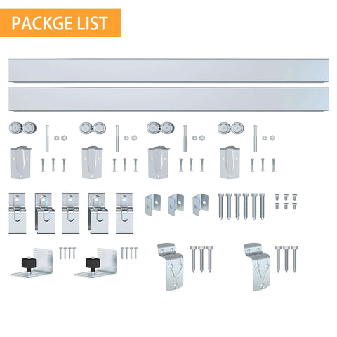 8Ft Box Rail Exterior Barn Door Hardware Kit For Two Doors With Heavy Duty Sliding Track And Wall Mount Brackets In Silver