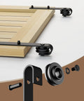 Components of 6.6FT/79.2" Sliding Barn Door Hardware Kit with Barn Door Floor Guide fit 40" Single Wooden Door, nylon rollers shown.