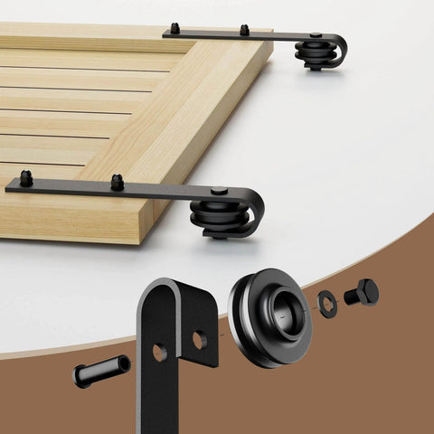 Components of 6.6FT/79.2" Sliding Barn Door Hardware Kit with Barn Door Floor Guide fit 40" Single Wooden Door, nylon rollers shown.