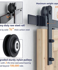 Close-up of 7FT Double Sliding Barn Door Hardware Kit showing heavy duty carbon steel track and quiet nylon rollers installed on wooden door.