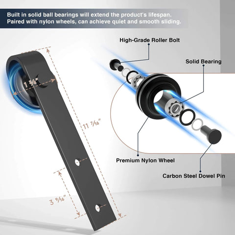 Close-up of 6FT Sliding Barn Door Hardware Kit with carbon steel track, solid bearing, and premium nylon wheel components.