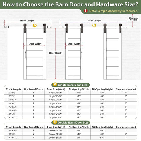 Diagram showing how to choose barn door and hardware size with dimensions and track lengths for single and double doors.