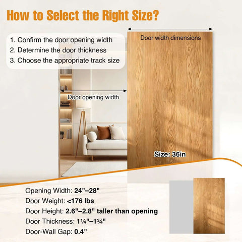 Concealed Sliding Barn Door Hardware Kit With Soft Close Mechanism, Wall Mount Only No Floor Track, 36 Inch Track Fits Openings From 28 to 36 Inches, Suitable For Wooden Doors Up To 176 Lbs, Door Not Included; size guide for door and opening dimensions shown.