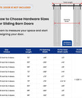 Diagram showing measurements for hardware sizes for sliding barn doors with size choices and track lengths.