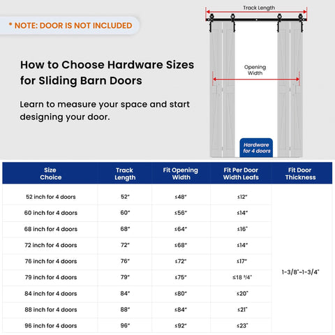 Diagram showing measurements for hardware sizes for sliding barn doors with size choices and track lengths.