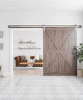 10 Feet Brushed Nickel Barn Door Hardware Kit-Heavy Duty Sliding Track fitted on a wooden door in a modern living room