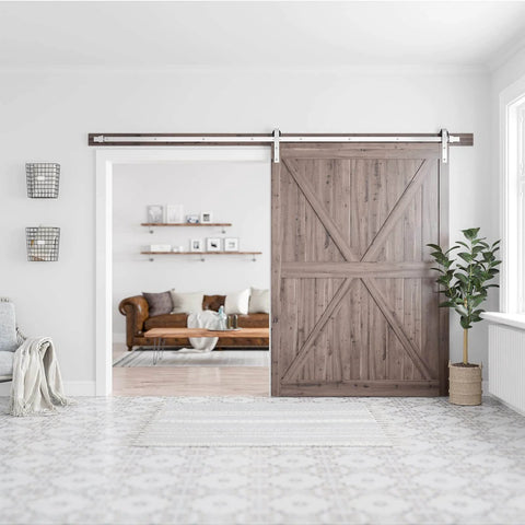 10 Feet Brushed Nickel Barn Door Hardware Kit-Heavy Duty Sliding Track fitted on a wooden door in a modern living room
