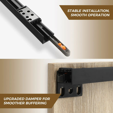 Concealed Trackless Barn Door Hardware Kit 47 Inch Hidden Sliding System with nylon rollers, dual wheel track close-up