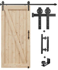 6FT Sliding Barn Door Hardware Track Kit & Handle with big industrial spoke wheel pulley wall mount, shown with door illustration