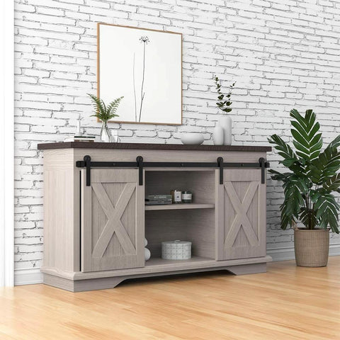 TV stand with 6FT Super Mini Barn Door Hardware Kit for Sliding Double Doors. I Shape Hanger in carbon steel, frosted black finish.