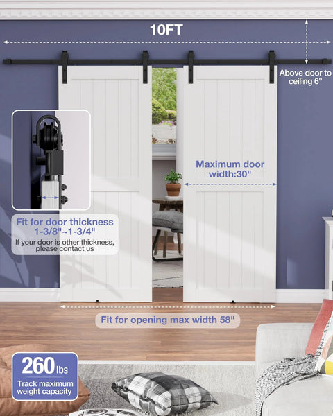 10 Ft Barn Door Hardware Kit For Double Doors Sliding Track System With Heavy Duty Black Steel Hangers Smooth Quiet Operation Easy Install For Closets Or Cabinet Doors Fits 1 3 8 Inch Door Thickness And Delivers Smooth Quiet Glide installed in living room