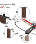 36x80 Inch Sliding Barn Wood Door Slab With 6.6ft Hardware Kit And Handle In Coffee Finish shown with quick assembly illustration