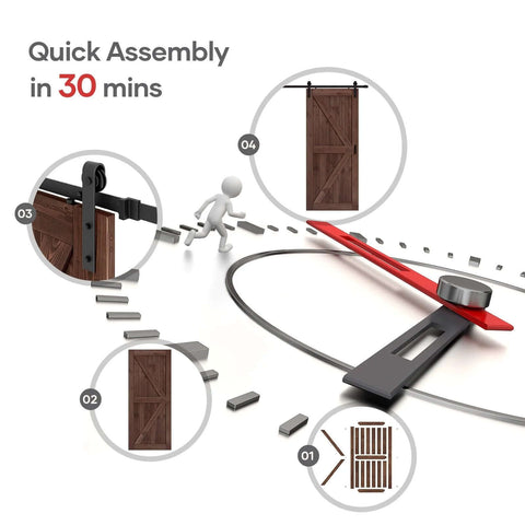 36x80 Inch Sliding Barn Wood Door Slab With 6.6ft Hardware Kit And Handle In Coffee Finish shown with quick assembly illustration