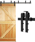 Five Foot Ceiling Mounted Sliding Barn Door Hardware Kit For Wooden Doors, 60 Inch Rail, shown with wood door and roller bracket.
