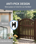 Image of Upgraded Barn Door Lock - 90/180 Degree Flip Door Latch shown installed on barn door, garden gate, and living room door.
