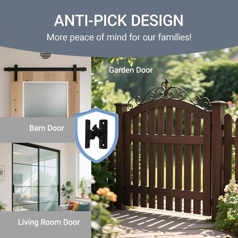 Image of Upgraded Barn Door Lock - 90/180 Degree Flip Door Latch shown installed on barn door, garden gate, and living room door.
