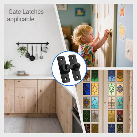 Upgraded Barn Door Lock - 90/180 Degree Flip Door Latch shown with applicable uses on cabinets, windows, and a child's room door.