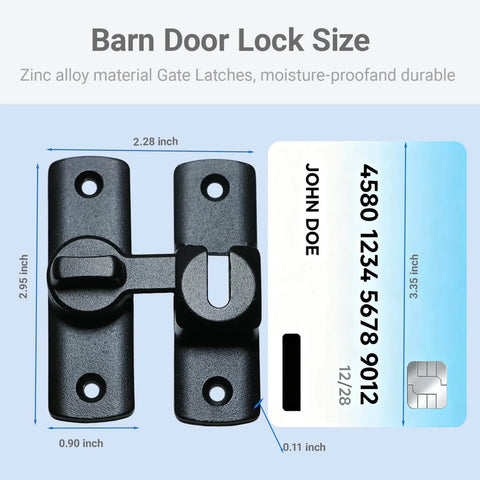 Image showing the size of the Upgraded Barn Door Lock - 90/180 Degree Flip Door Latch next to a credit card for scale, with dimensions.
