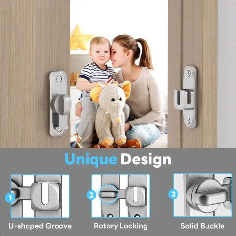 90 And 180 Degree Barn Door Lock Set For Privacy And Security, zinc alloy silver finish lock on door, showing design features.