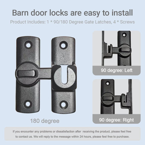 Upgraded Barn Door Lock - 90/180 Degree Flip Door Latch with screws, shown in open positions, for barn or garden