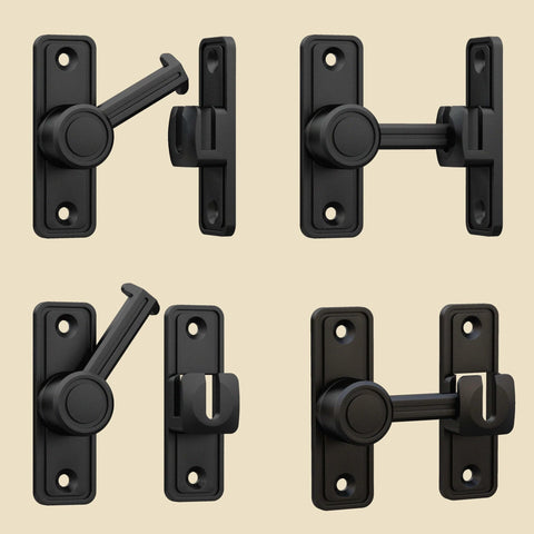 Barn Door Privacy Latch, 90°/180° Swing Slide Lock, Zinc-Alloy, Black, adhesive or screw mount, interior use, front view