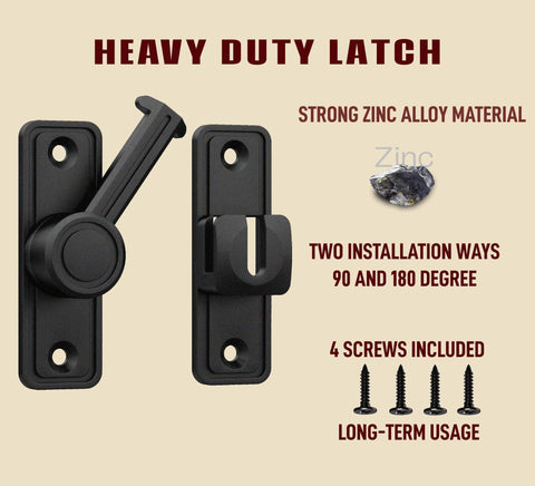 Barn Door Privacy Latch, 90°/180° Swing Slide Lock, Zinc-Alloy, adhesive or screw mount, heavy-duty latch includes screws, black