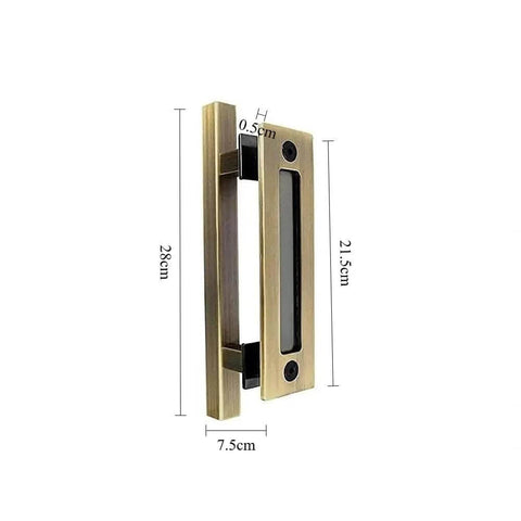 Sliding Barn Door Pulls Set Heavy Duty Flush Handle With Rustic Two Sided Design Antique Brass Finish dimensions shown.