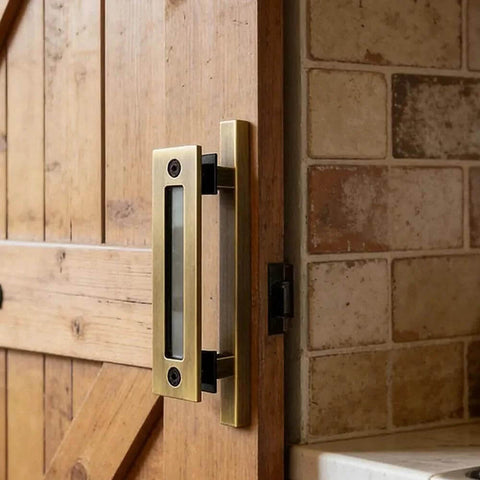 Sliding Barn Door Pulls Set Heavy Duty Flush Handle With Rustic Two Sided Design Antique Brass Finish on wooden door