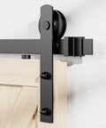 Black Barn Door Rollers With Silencer Design, Heavy Duty 350 Lb Capacity For 1 3/8 To 1 3/4 Inch Thick Doors, Carbon Steel Hangers And Quiet POM Wheels, installed view