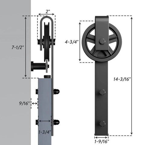 2 Pack Barn Door Roller Kit With Large Wheel Hangers Easy To Install For Thick Door Tracks Fits Door Thickness 1 3 8 To 1 3 4 Inches Black Finish Carbon Steel Body POM Wheel Supports Up To 260 Lb Weight Capacity diagram