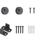 2 Pack Barn Door Roller Kit With Large Wheel Hangers Easy To Install For Thick Door Tracks Fits Door Thickness 1 3 8 To 1 3 4 Inches Black Finish Carbon Steel Body POM Wheel Supports Up To 260 Lb Weight Capacity, showing hardware components