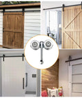 Collage showing installed 2Pcs Wheel Trolley Assembly Barn Door Rollers for 1-3/4" Wide and 2-1/4" or Taller Rail Hanging Track