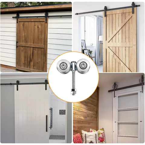 Collage showing installed 2Pcs Wheel Trolley Assembly Barn Door Rollers for 1-3/4" Wide and 2-1/4" or Taller Rail Hanging Track