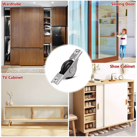 4 Pieces Barn Door Kit With Sliding Door Rollers And Track Wheels For Wardrobe Cupboard Cabinets, includes bottom pulley and scroll wheel hardware, displayed in various home decor setups.