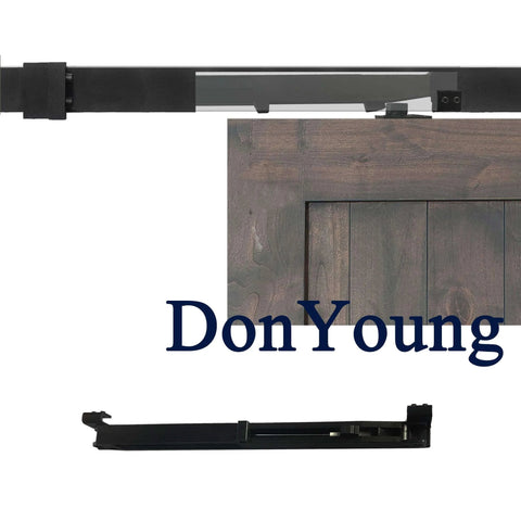 2PCS Barn Door Soft Close Mechanism Spring Buffer Damper with hole-free installation shown next to a wooden barn door section.