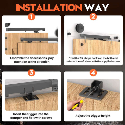 Barn Door Soft Close Hardware Kit No Drill Installation With Upgraded Adjustable Damper And Stopper For Sliding Doors 88 To 132 Lbs Universal Fit For Top Track Systems Includes Four Spacers Black installation instructions image.