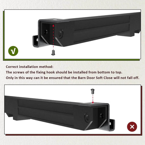 Side view of 2PCS Barn Door Soft Close Mechanism Spring Buffer Damper installation guide with correct and incorrect methods shown.