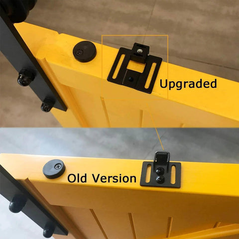 Comparison of 2PCS Barn Door Soft Close Mechanism Spring Buffer Damper Upgraded Hole-Free Version with old version on yellow door