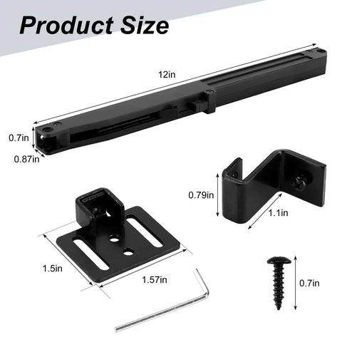 Dimensions and components of Four Pack Barn Door Soft Close Mechanisms With Spring Buffer Dampers for sliding doors up to 160 lbs.