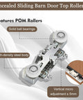 Close-up of concealed sliding barn door top rollers with high-density steel body and solid ball bearings.