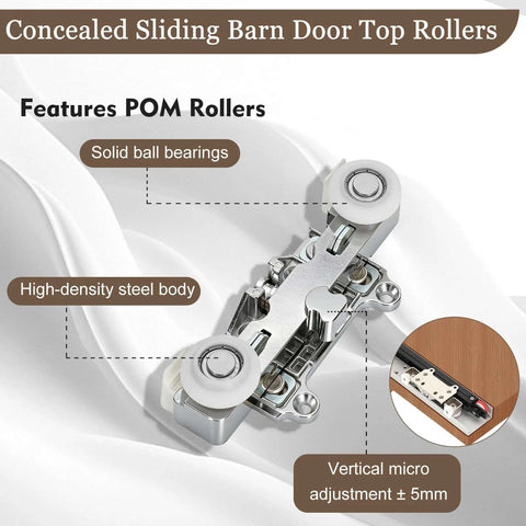 Close-up of concealed sliding barn door top rollers with high-density steel body and solid ball bearings.