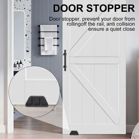 Set Of 2 Heavy Duty Sliding Barn Door Floor Guides With Bearing Design Stainless Steel Hardware installed on white barn door