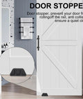 Four Barn Door Floor Guide With Bearing Design For Sliding Doors Heavy Duty Metal Hardware Durable Black Steel Frame Noise Reducing 304 Stainless Steel And Plastic Castings For Smooth Scratch Free Door Movement shown installed on sliding barn door.