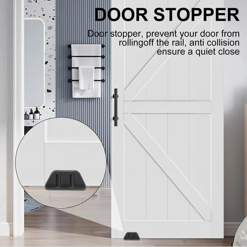Four Barn Door Floor Guide With Bearing Design For Sliding Doors Heavy Duty Metal Hardware Durable Black Steel Frame Noise Reducing 304 Stainless Steel And Plastic Castings For Smooth Scratch Free Door Movement shown installed on sliding barn door.